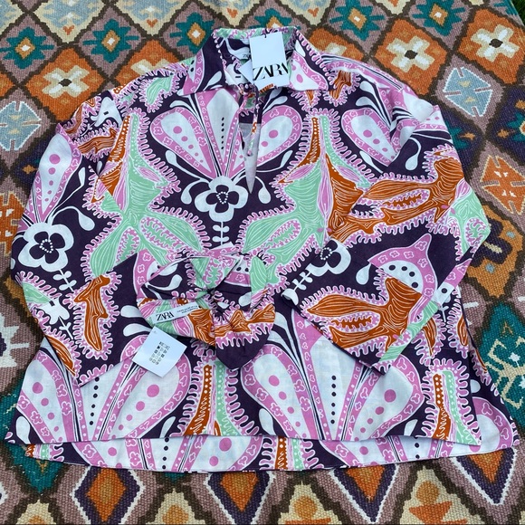 Zara Tops - Zara PRINTED LINEN BLOUSE W/ SCRUNCHIE Women’s Size XS